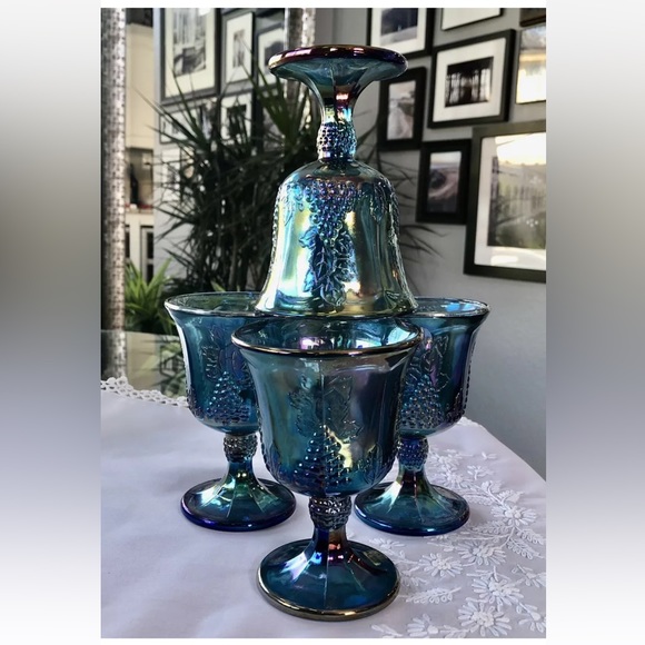FOUR Vintage Colony by Indiana Glass Blue Harvest Carnival Glass Goblets MINT! - Picture 2 of 12